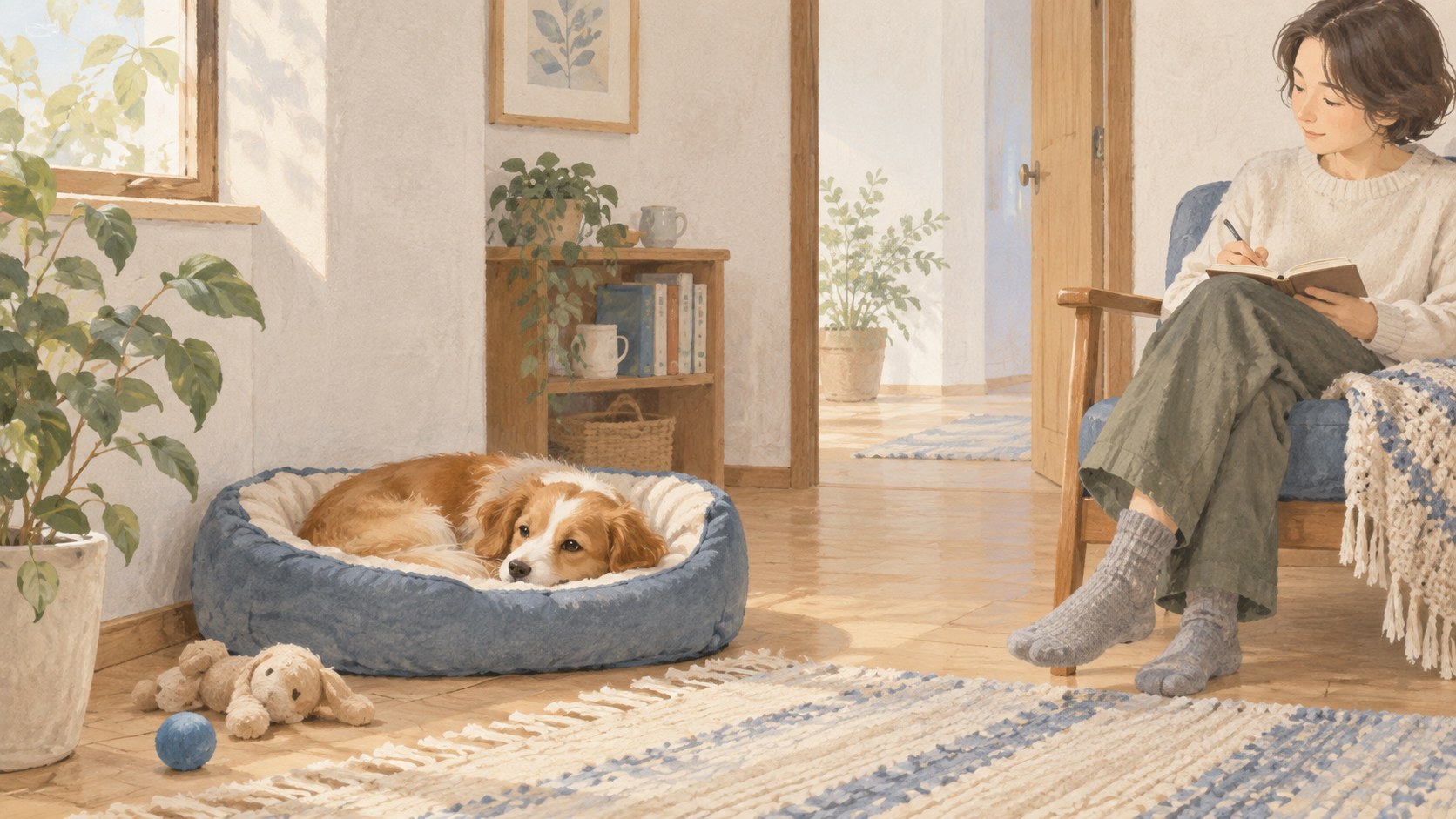 静かな休息場所で過ごす犬を距離を保って見守るイラスト