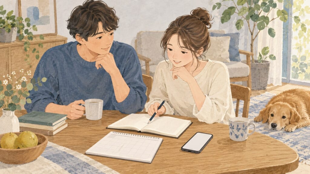 犬の健康や生活のメモを家族で共有するイラスト