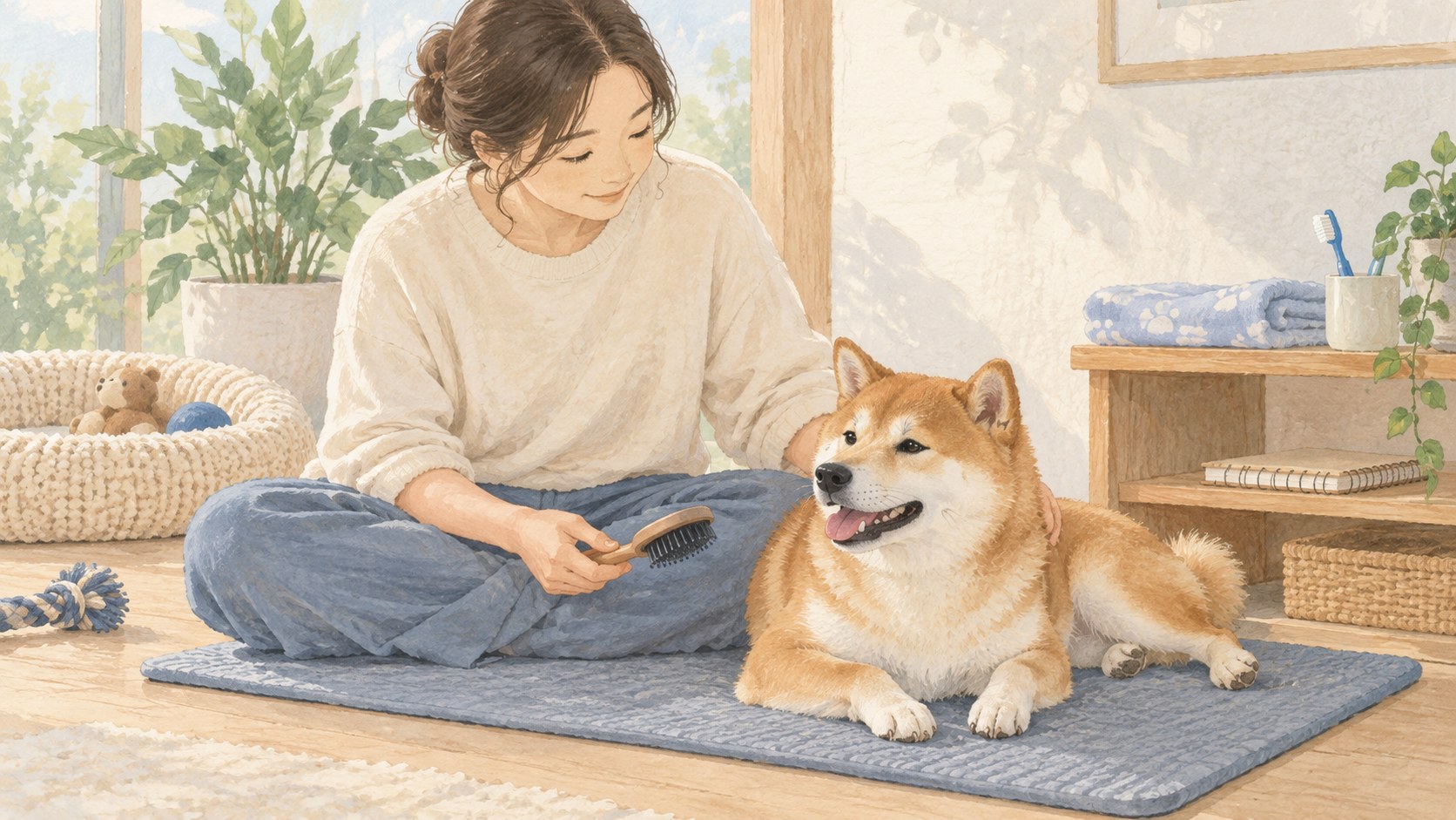 犬の様子を見ながら日常のケアを準備するイラスト