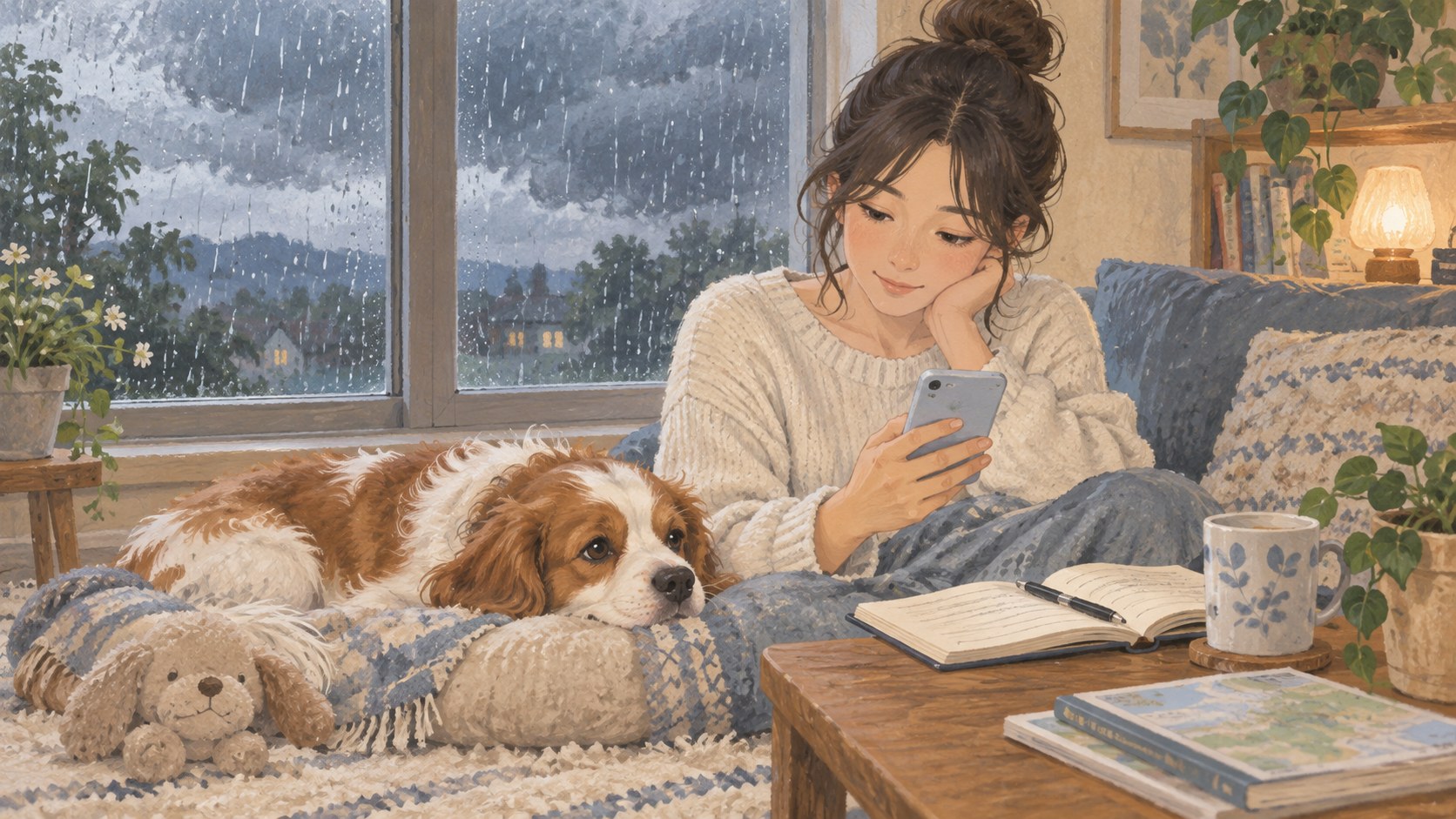 悪天候の日に室内で休む犬と予定を確認する家族のイラスト