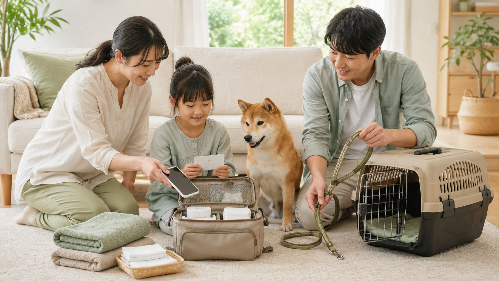 家族が犬用救急セットを連絡・移動・保護の用途別に整理している