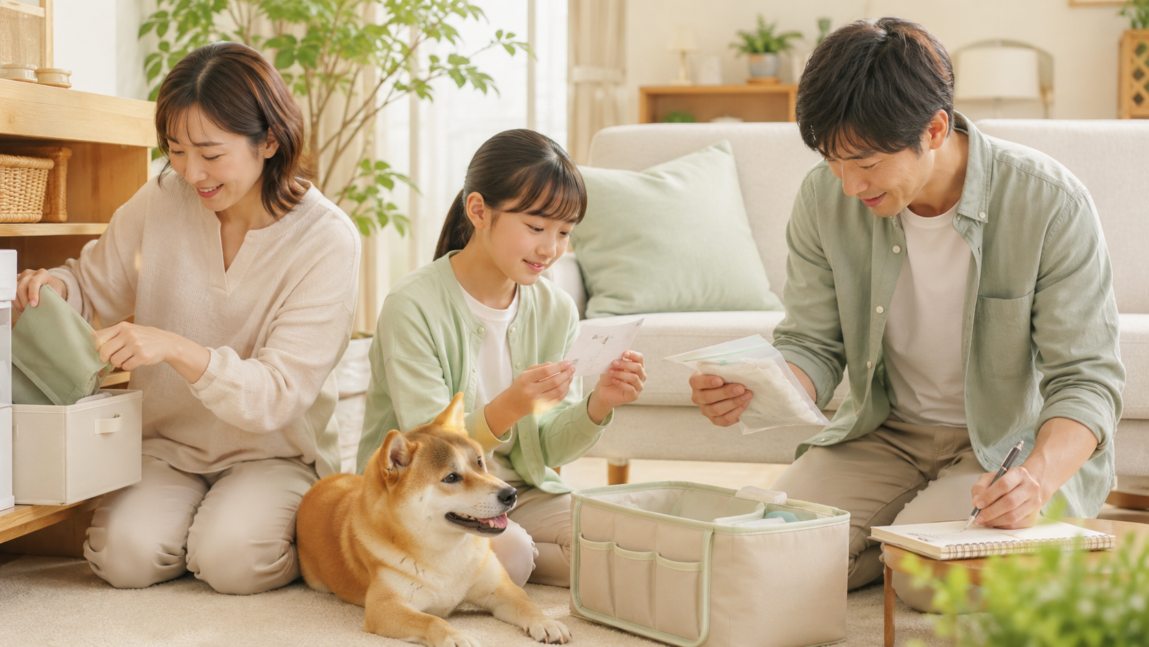 家族が犬用救急セットを5つの手順で点検している