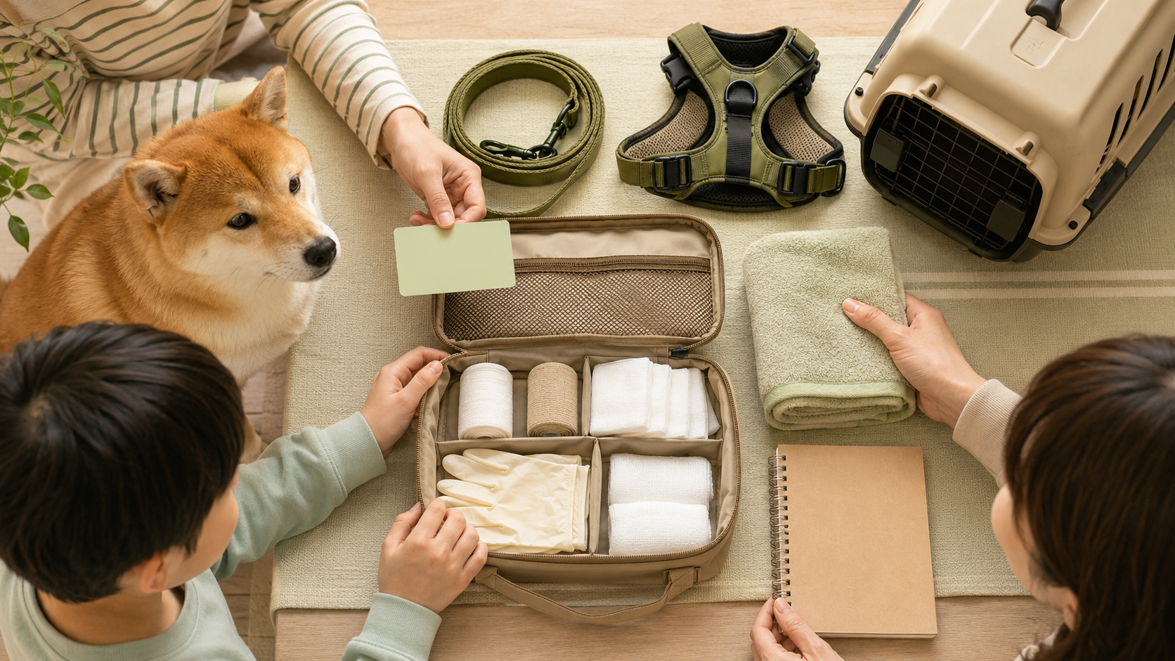 犬用救急セットの中身を一覧で確認できるように並べている
