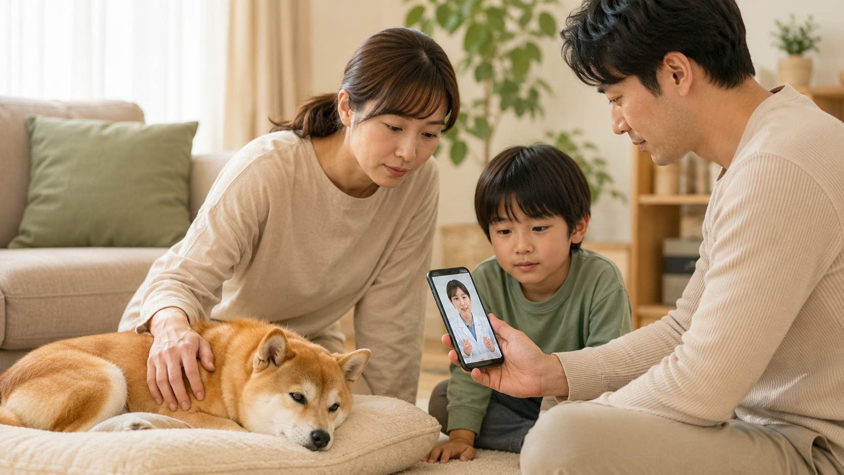 元気がない柴犬を見守りながら家族が動物病院へ電話相談している