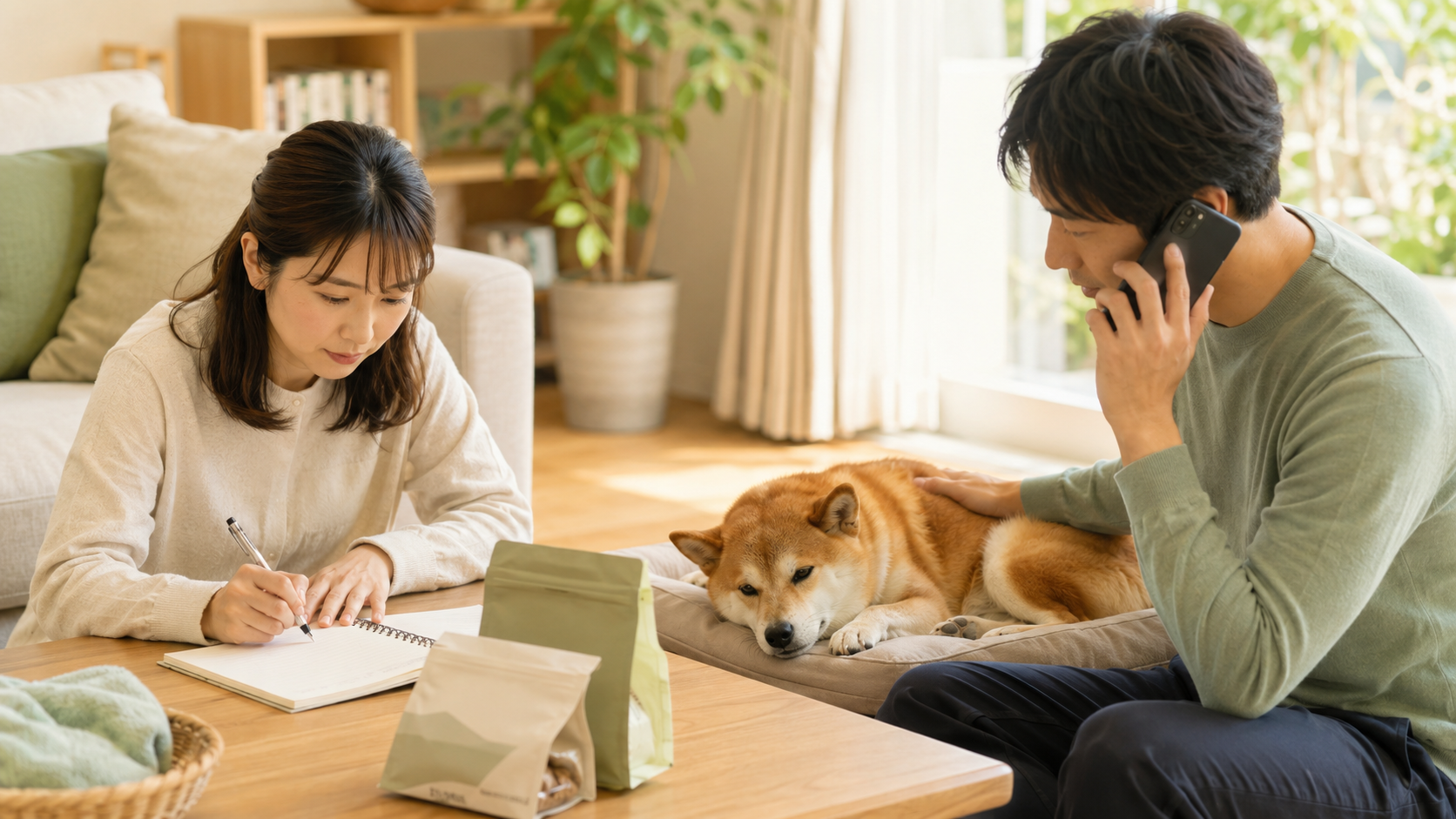 動物病院への相談内容を家族でノートに整理している