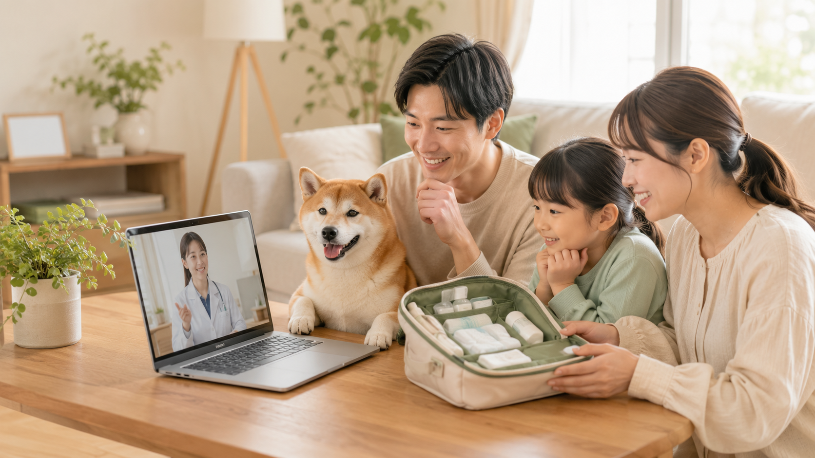 柴犬のそばで家族が獣医師へ救急セットについて質問している