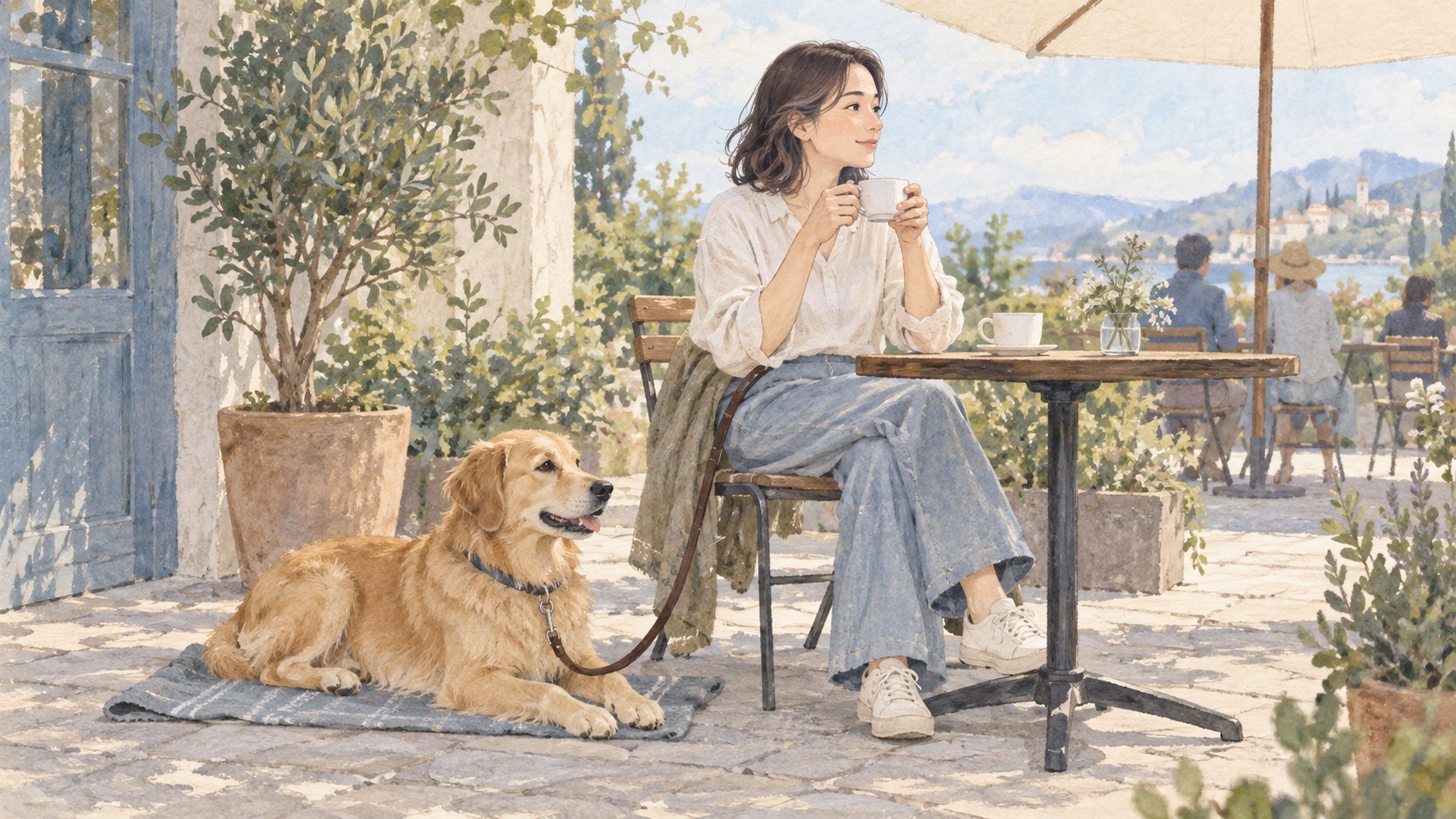 犬の休む場所を確保したカフェテラスのイメージイラスト