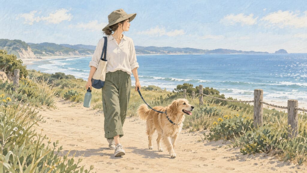 海岸でリードを付けて休憩する犬と家族のイラスト