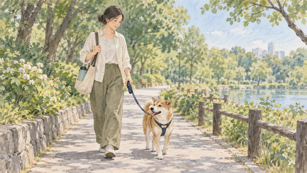 公園の通り道をリードで散歩する犬と家族のイラスト