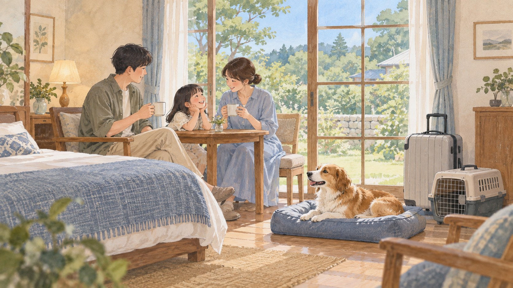 犬用の寝床と荷物を準備した宿泊のイメージイラスト