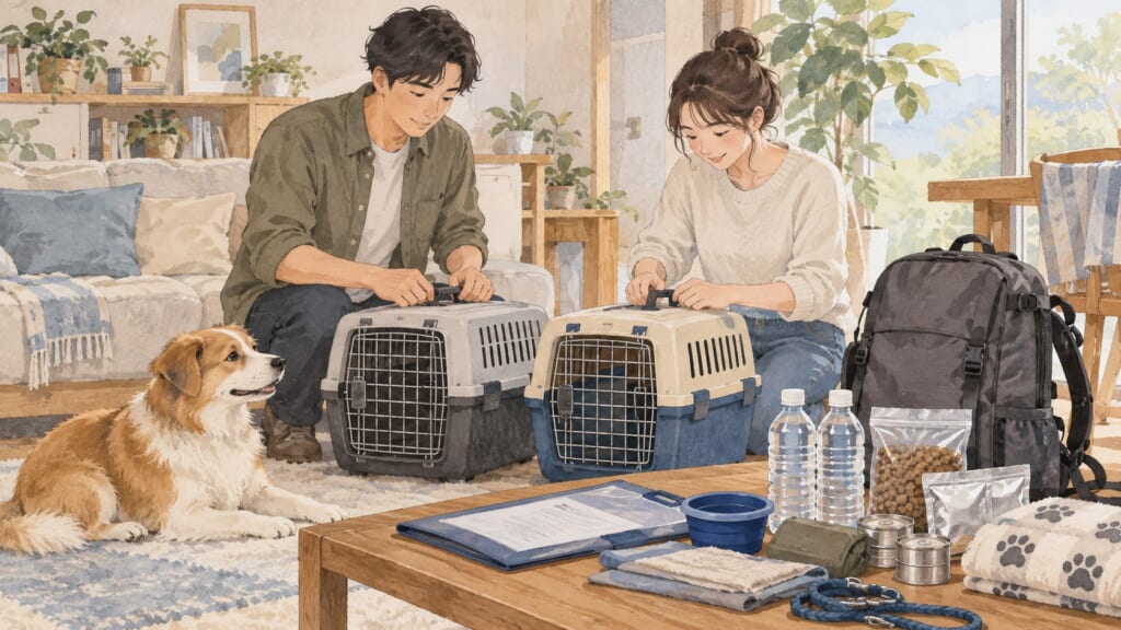 キャリーと持ち出し用品をそろえて犬との避難を準備するイラスト
