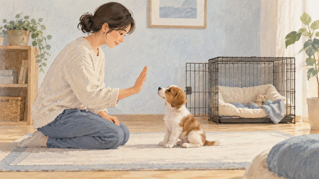 子犬の反応を見ながら落ち着いて練習する家族のイラスト