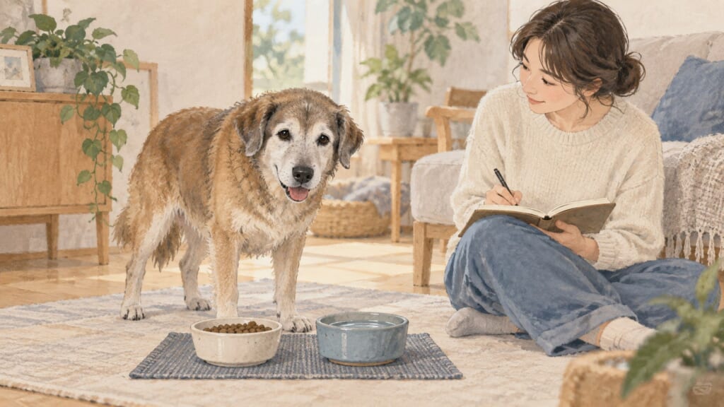 犬の食べ方をそばで観察して記録するイラスト