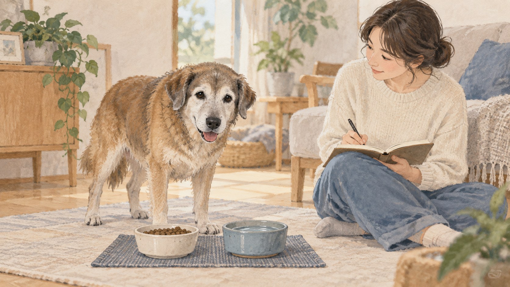 犬の食べ方をそばで観察して記録するイラスト