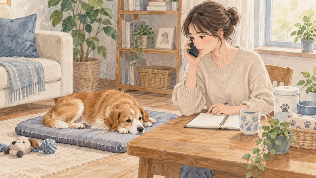 犬の様子を記録しながら動物病院へ連絡する家族のイラスト