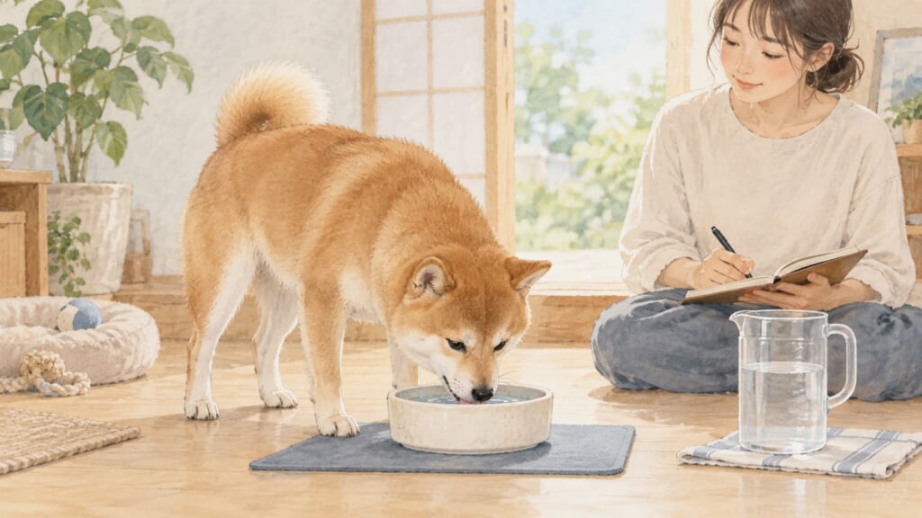 犬の飲水量と普段の様子を記録するイラスト