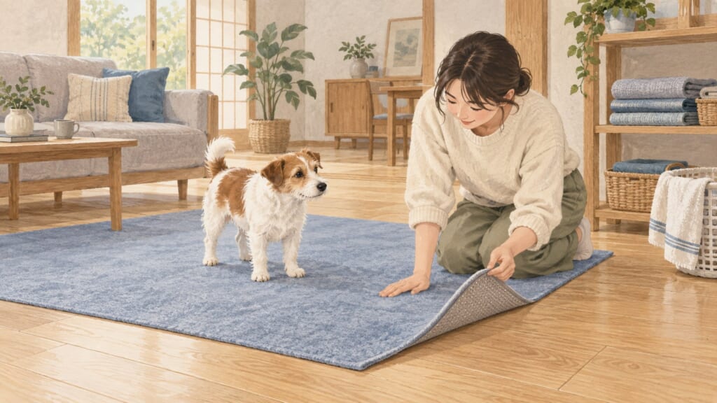 犬と暮らす部屋でラグのずれと端を確認するイラスト