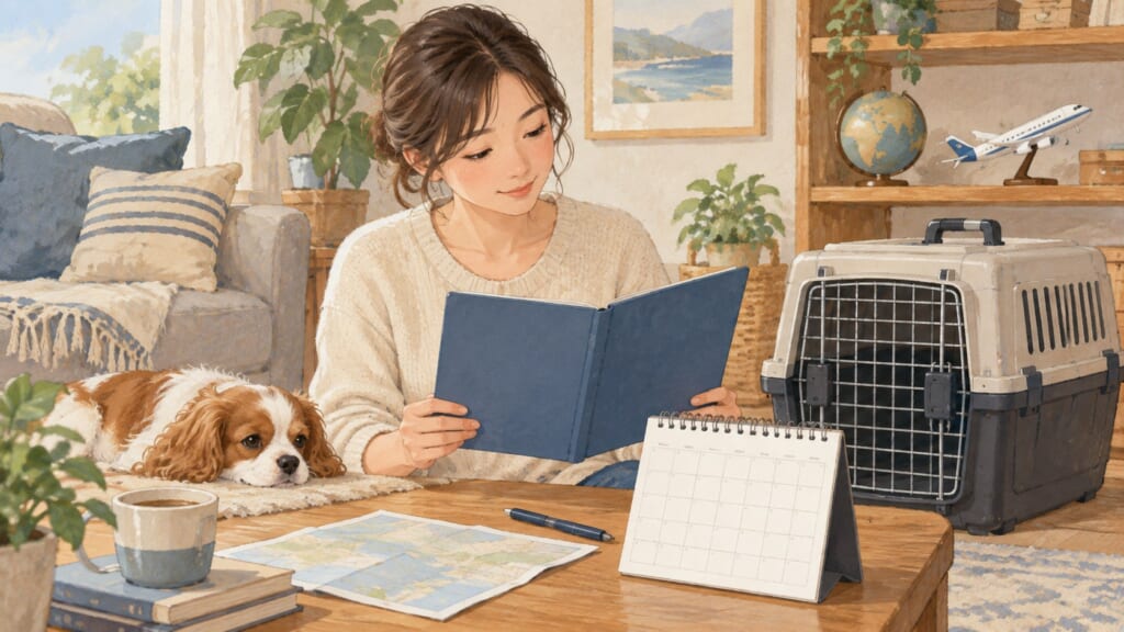 犬の渡航書類と移動用ケースを確認するイラスト