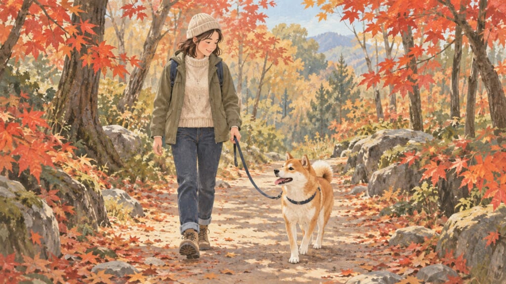 紅葉した木々の間をリードで散歩する犬と家族のイラスト