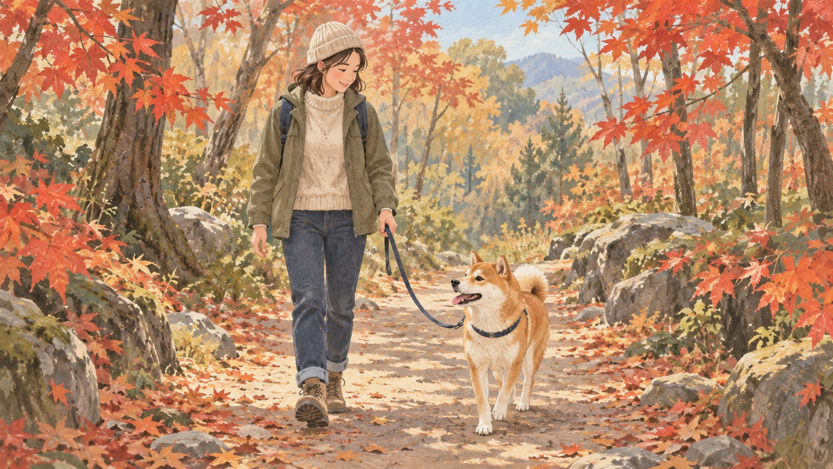 紅葉した木々の間をリードで散歩する犬と家族のイラスト