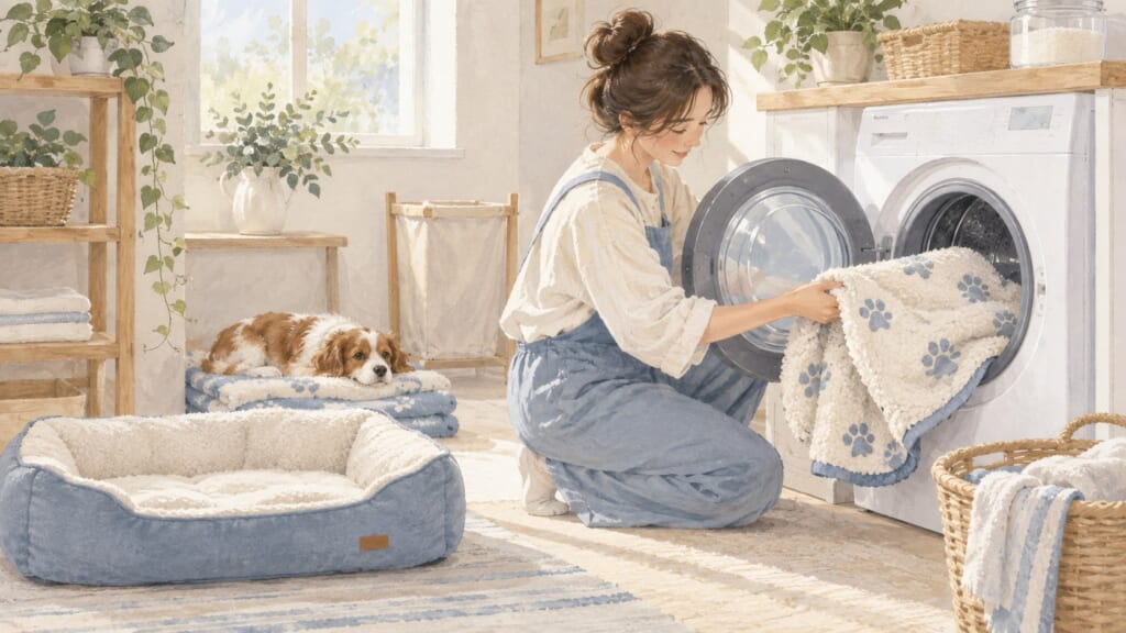 犬の寝具を洗濯して予備の寝具へ交換するイラスト