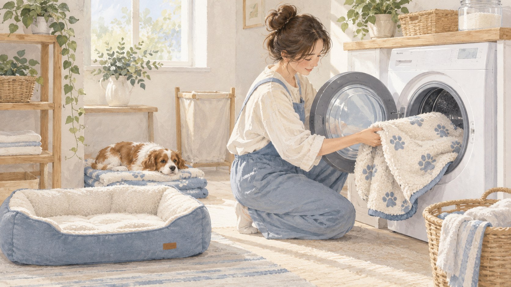 犬の寝具を洗濯して予備の寝具へ交換するイラスト