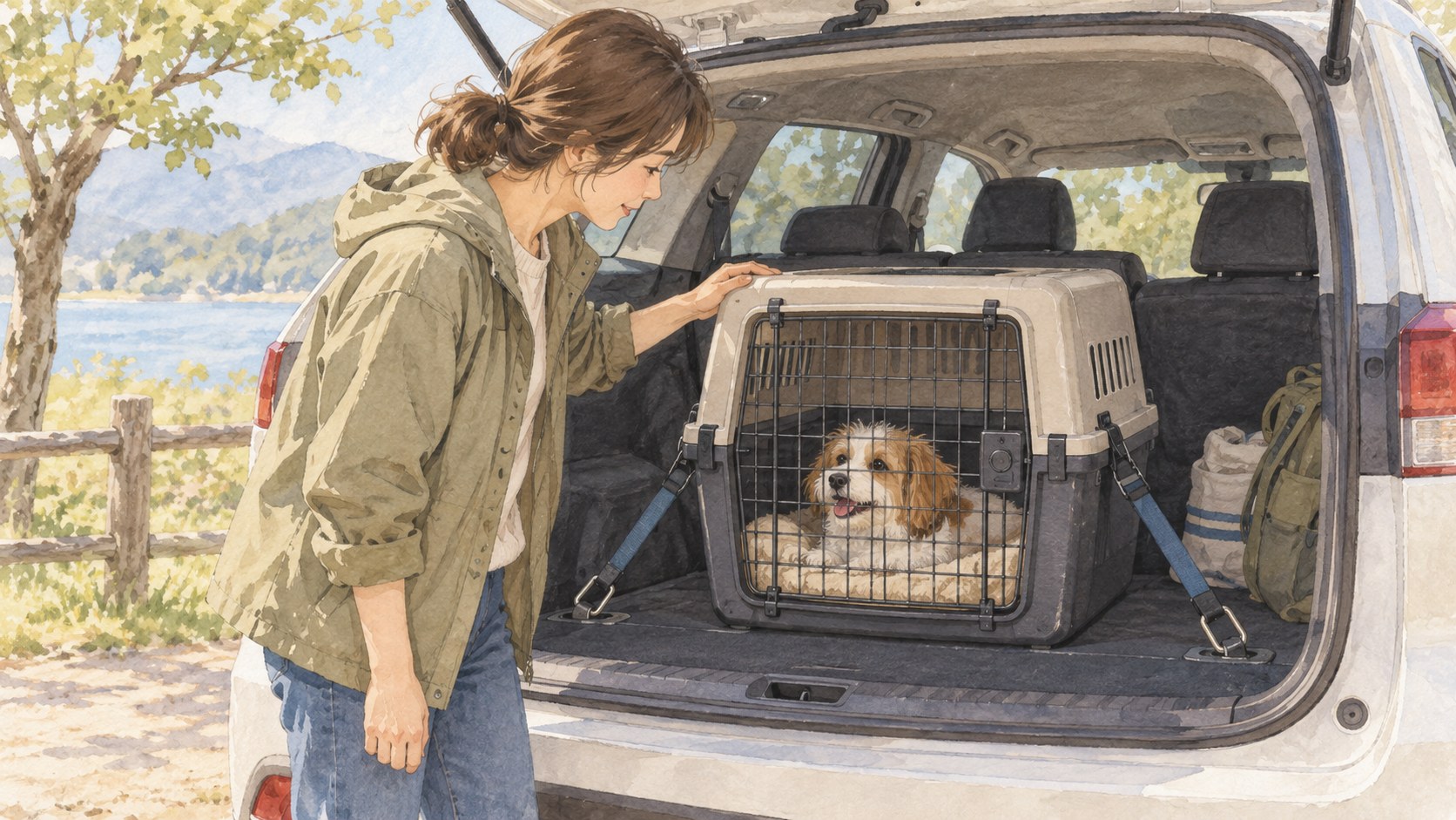 車内のクレートと固定を確認する家族のイラスト