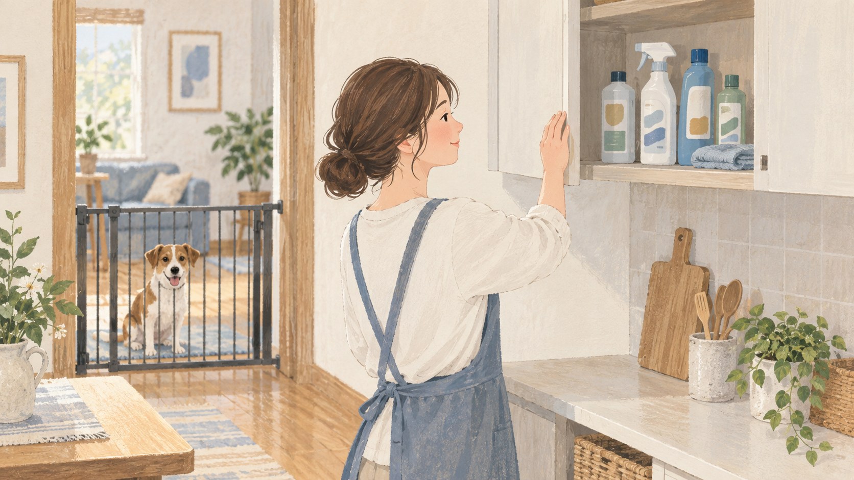 洗剤を犬の届かない収納へ片付けるイラスト