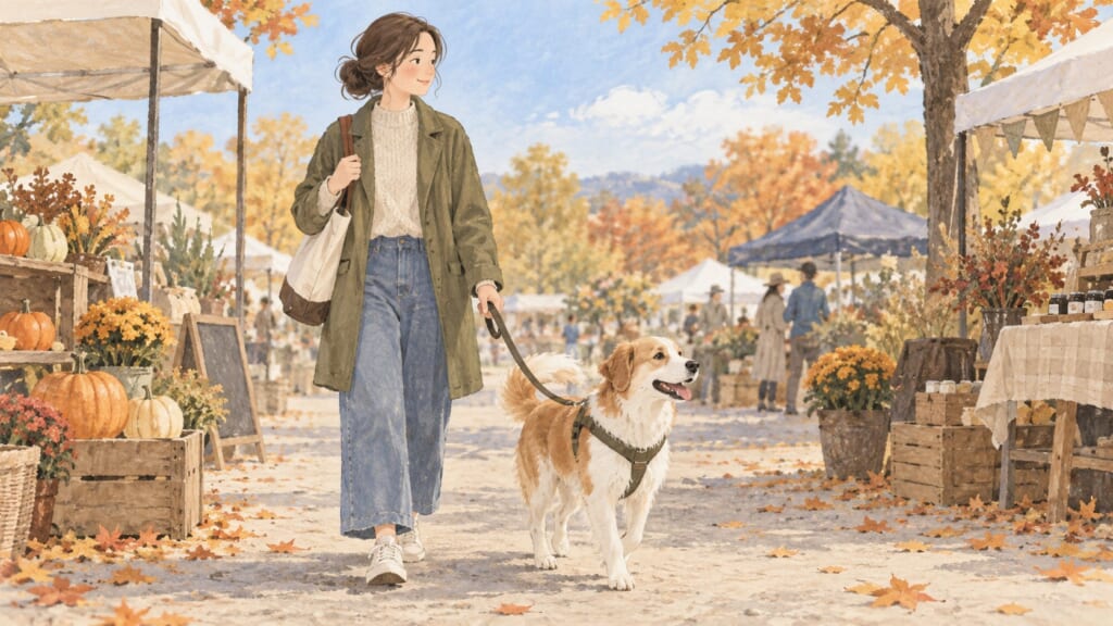 秋のマーケットを訪れる犬と家族のイメージイラスト