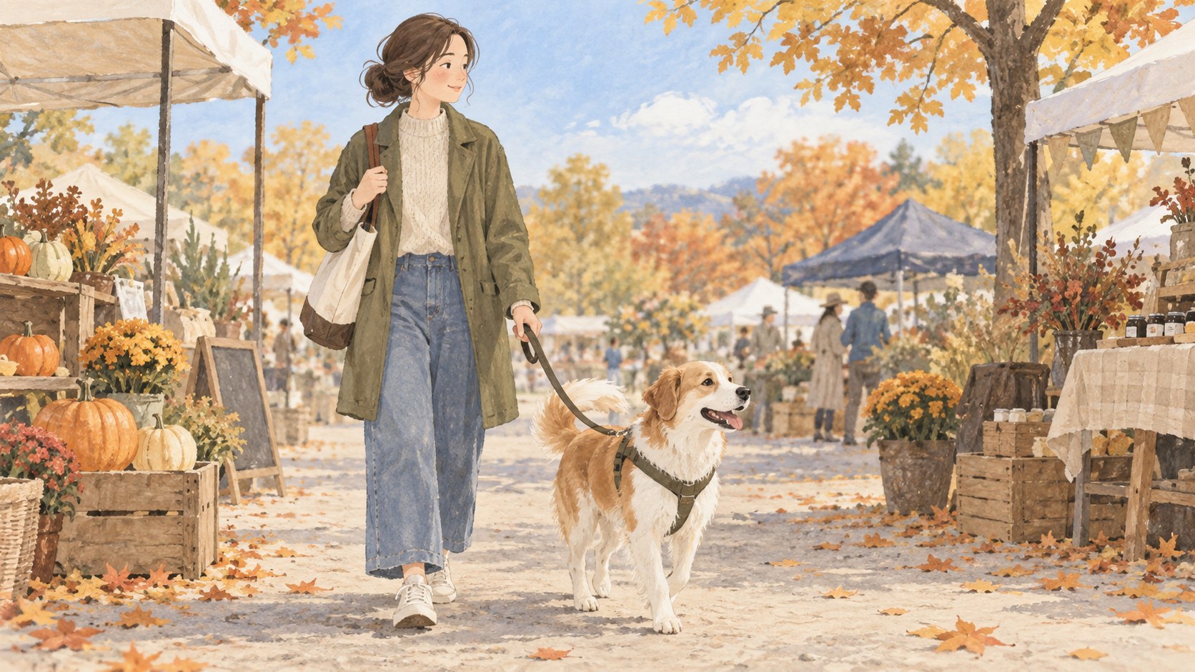 秋のマーケットを訪れる犬と家族のイメージイラスト