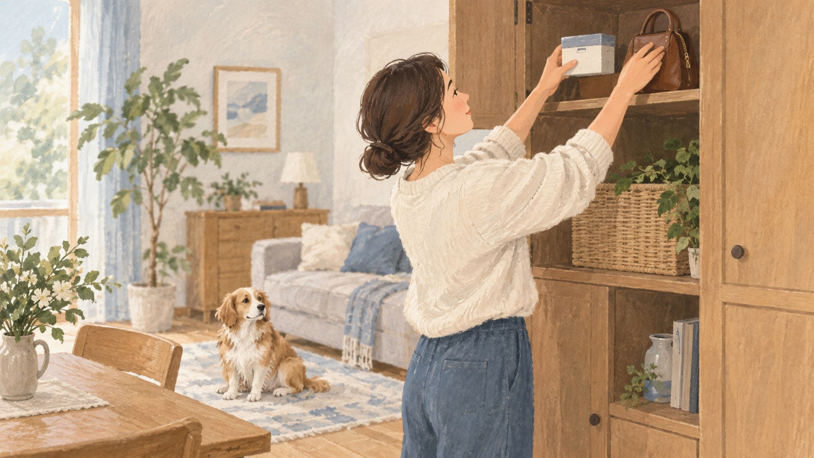 薬箱やバッグを犬の届かない場所へしまうイラスト