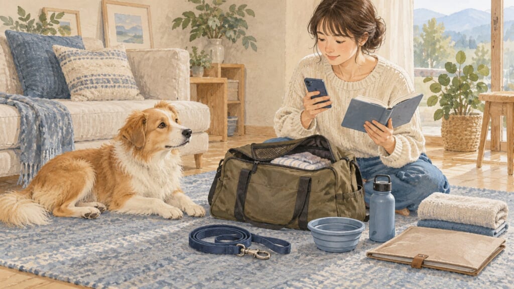 犬との外出前に荷物と利用条件を確認するイラスト