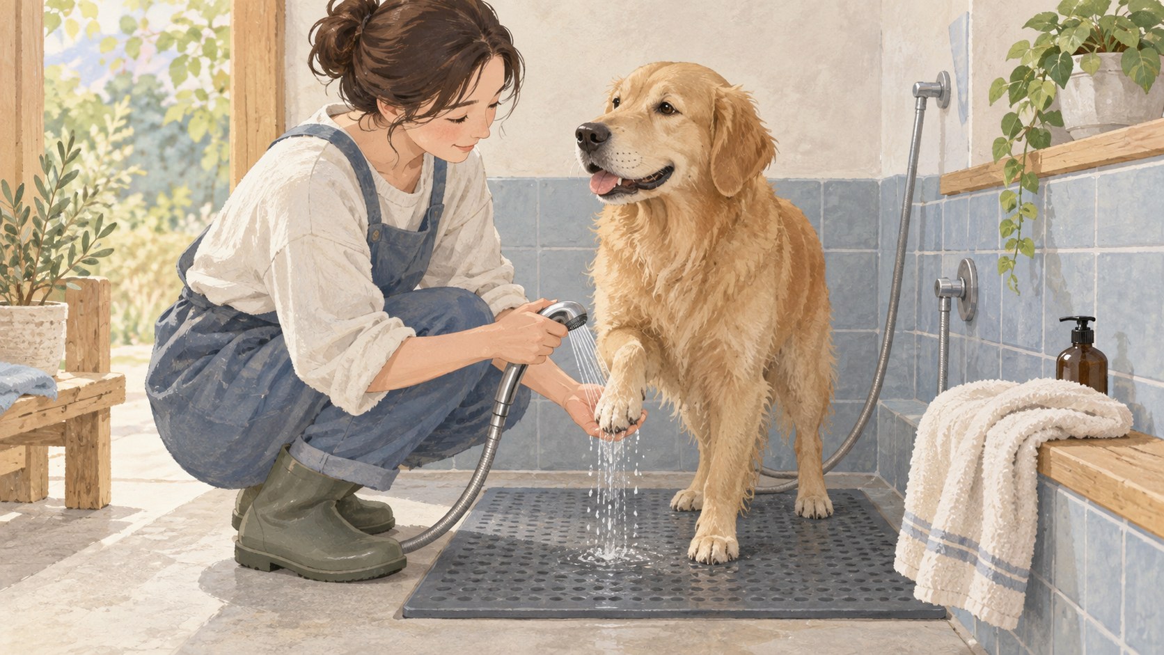 滑りにくい場所で犬の足をやさしく洗い確認するイラスト
