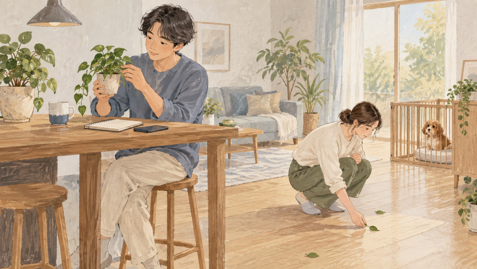 植物の名前と置き場所を確認する家族のイラスト