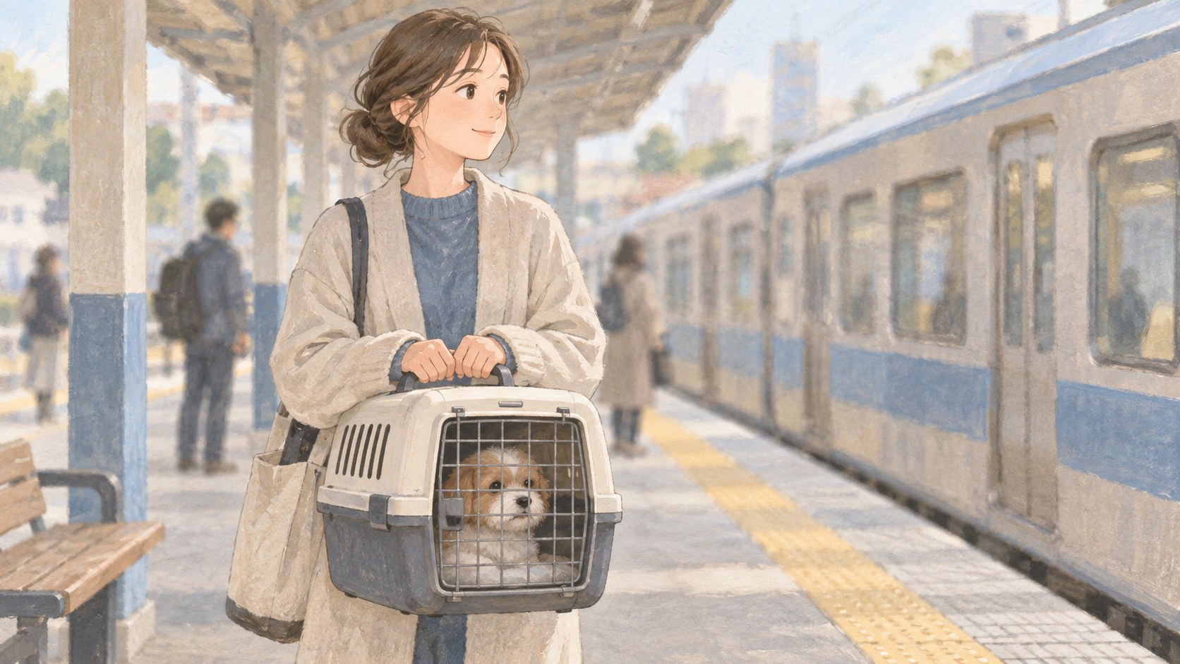 駅で閉じたキャリーケースと移動の準備をするイラスト