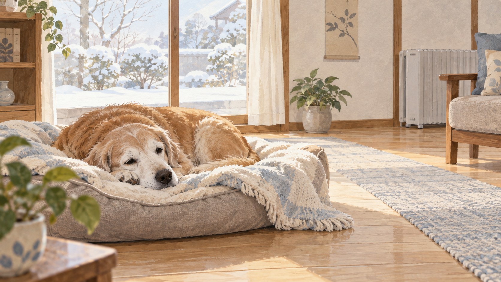 通り道を確保した暖かな寝床で休む犬のイラスト