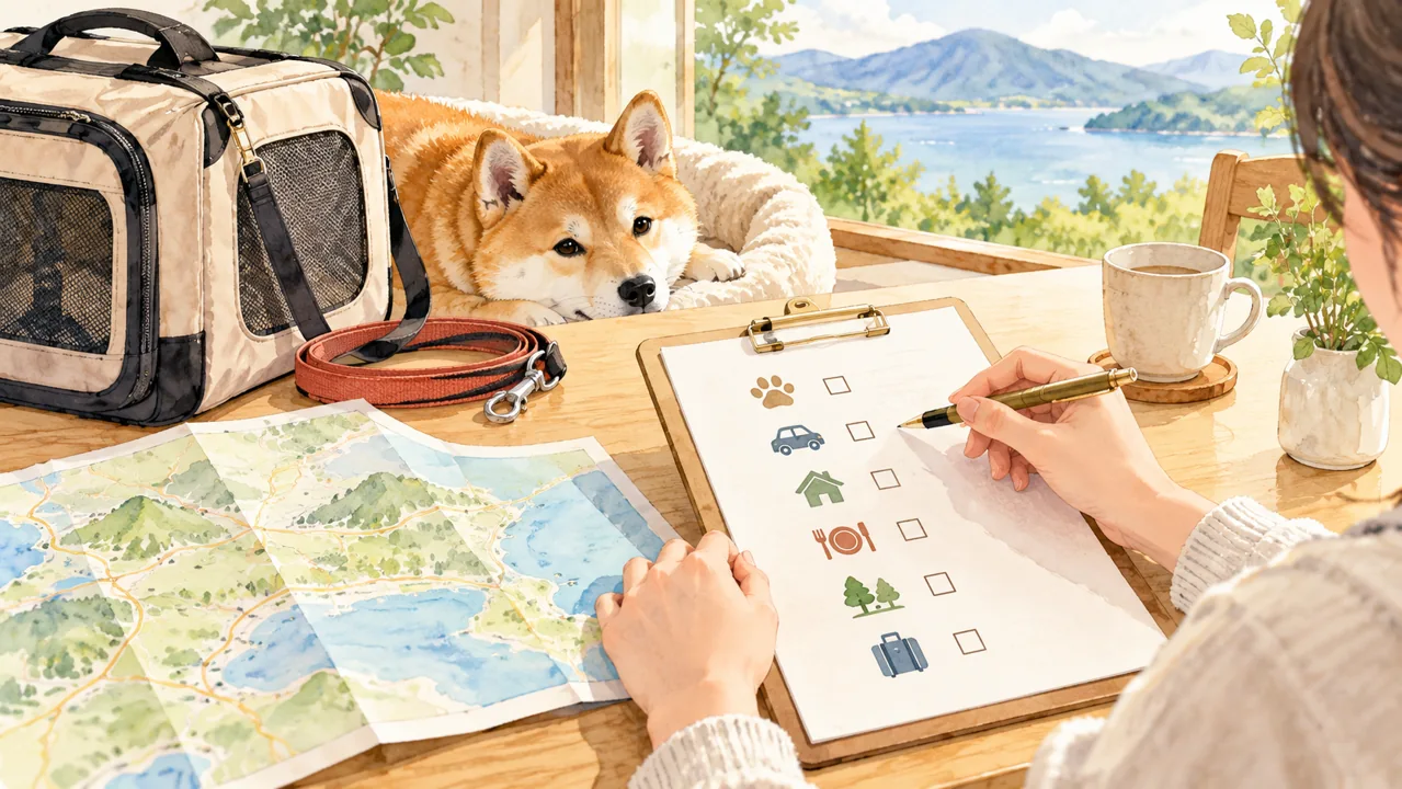 犬との旅行前に利用条件や持ち物を確認するイメージイラスト