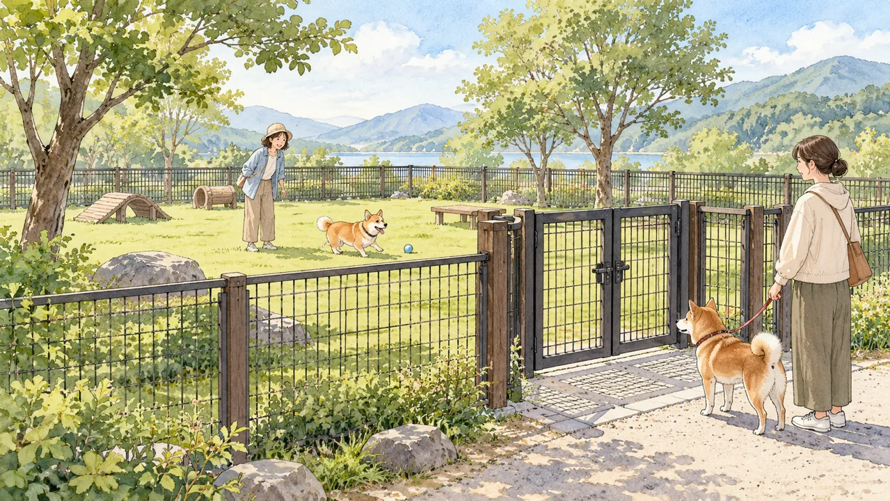 フェンスで囲まれたドッグランを飼い主と利用する犬のイメージイラスト