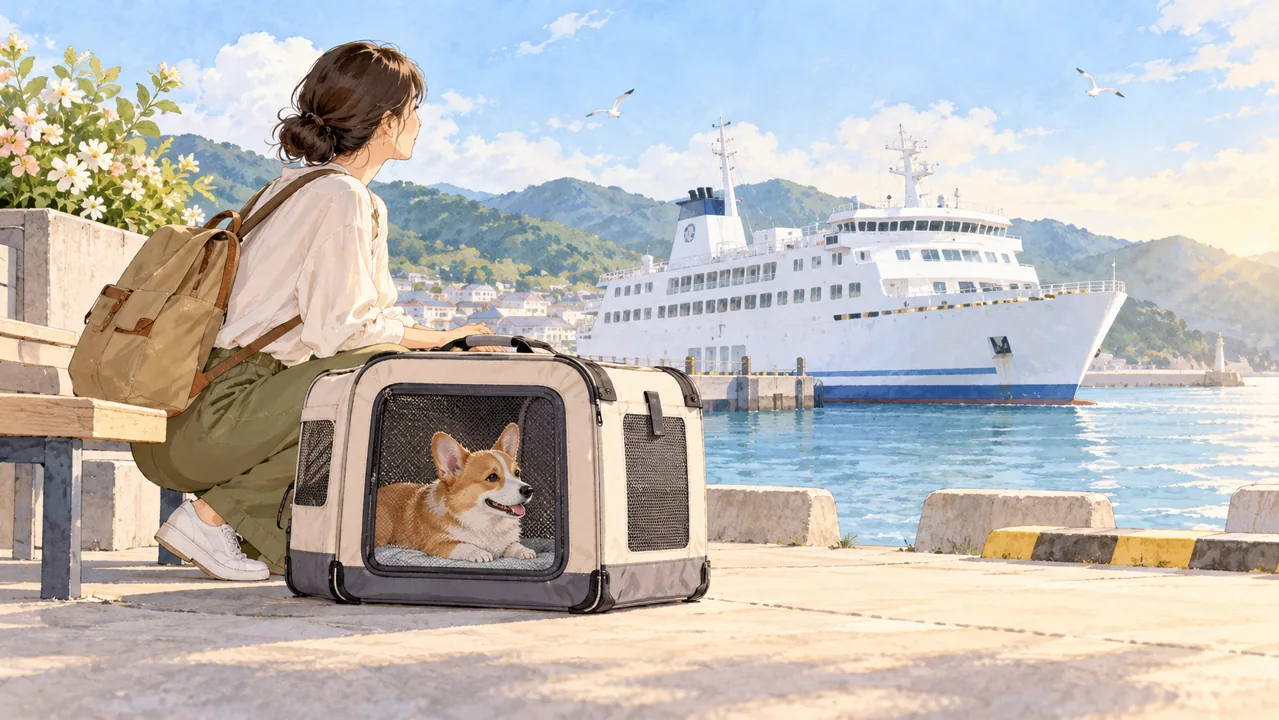 フェリー旅行に備え、港で犬をキャリーに入れて待つイメージイラスト