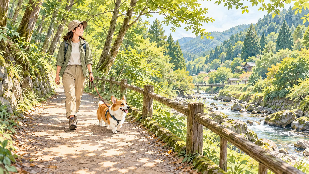木陰の里山の道を犬とリードで歩くイメージイラスト