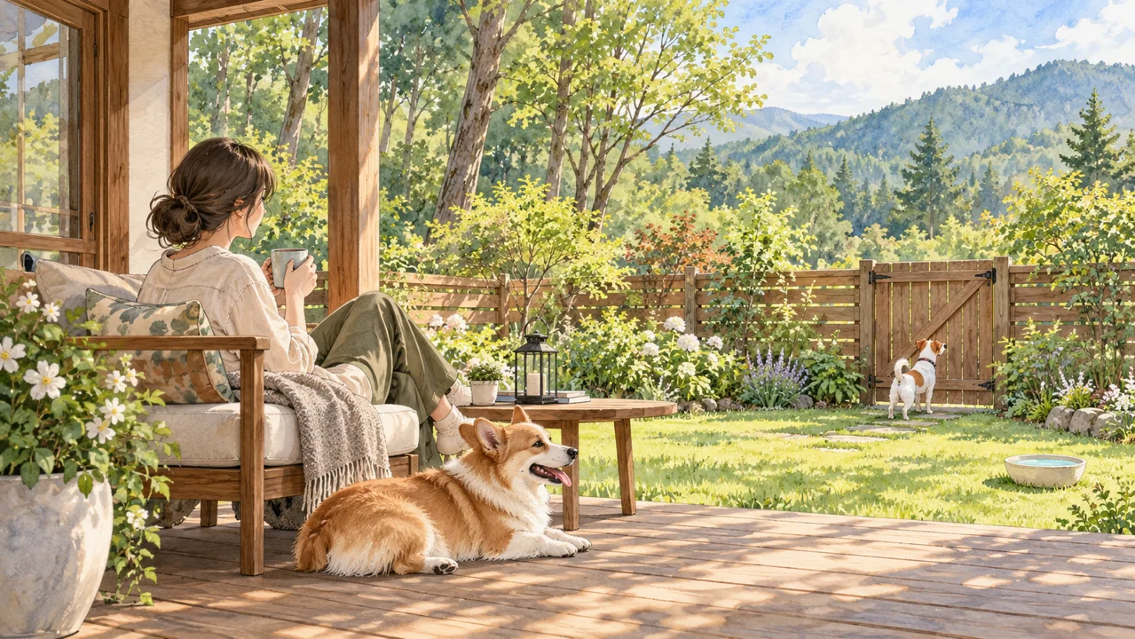 柵のある庭とテラスで犬と休む宿泊のイメージイラスト