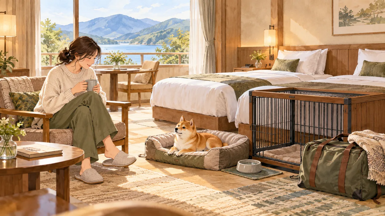 ホテルの客室で専用の犬用ベッドとケージを用意するイメージイラスト