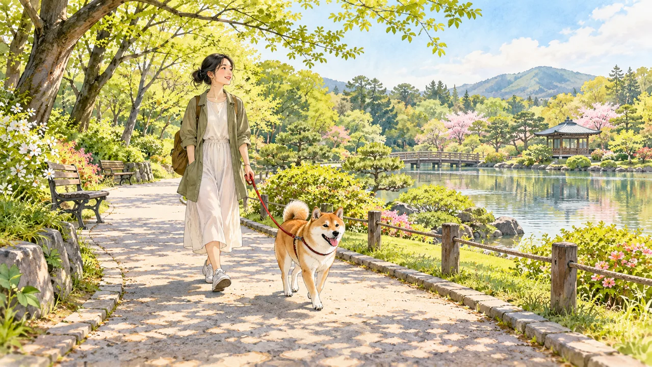 公園の園路で犬とリードをつけて散歩するイメージイラスト