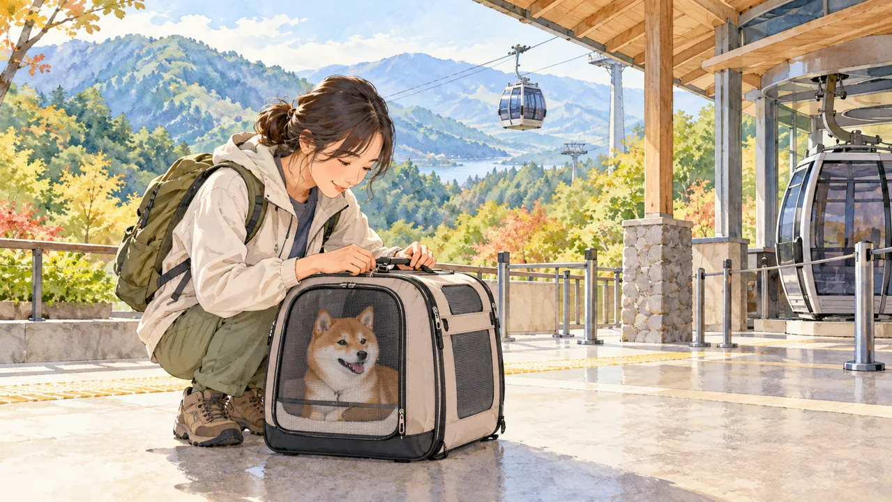 山のロープウェイ駅で犬のキャリーを準備するイメージイラスト